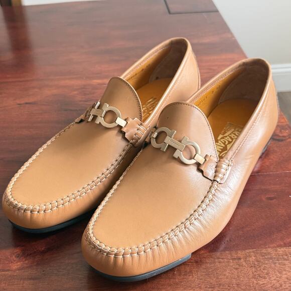 Salvatore Ferragamo Men’s Tan Leather Gancini Bit Mens shoes Loafers Size 12 D - Picture 1 of 11